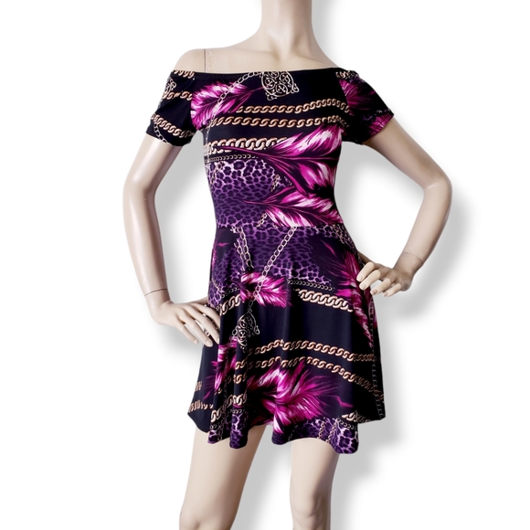 Chainlink, Floral & Leopard Print Off Shoulder Dress - Picture 3 of 8